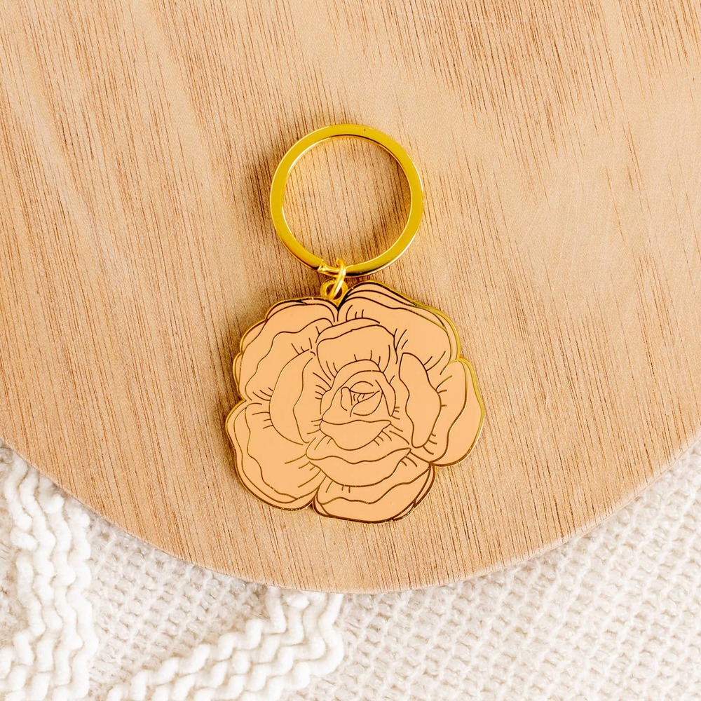 Pink Peony Floral Cottage Enamel Metal Keychain Keyring